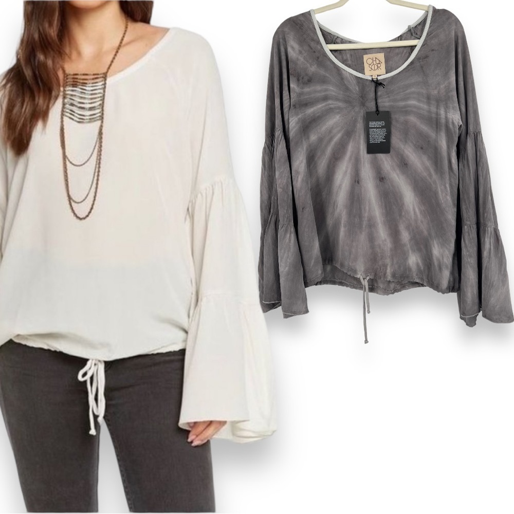 Chaser Silk Space Dye Grunge Boho Bell Sleeve Top Grey Size Medium